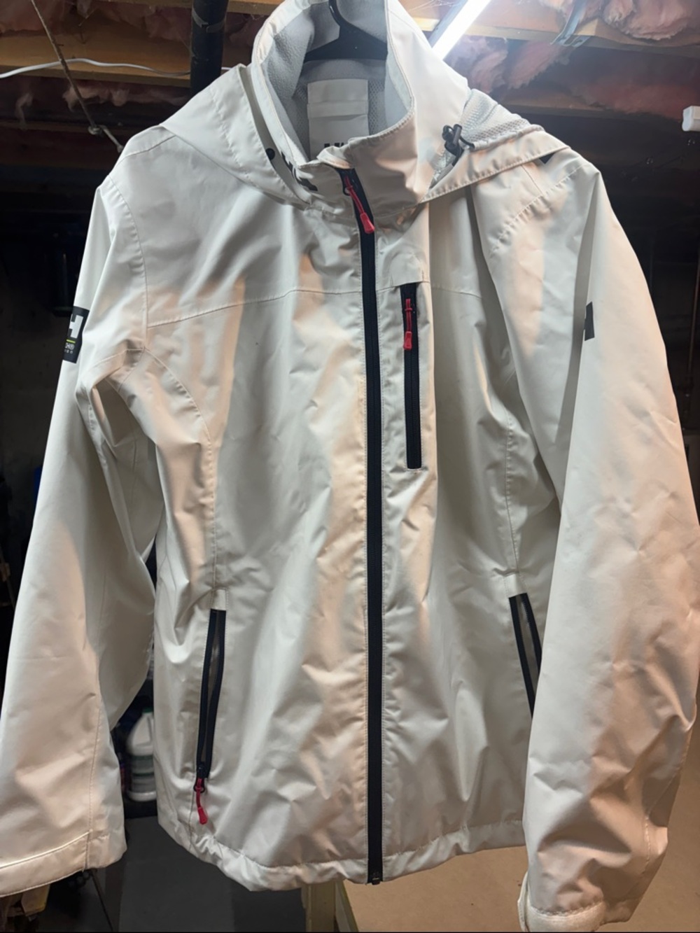 Helly Hansen White Hooded Shell Jacket with Black Trim and Red Pulls